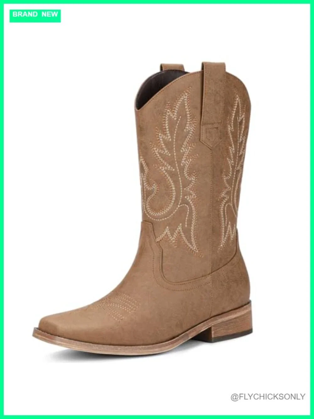 Women's Square Toe Mid-Calf Cowboy Boots with Embroidery, Low Chunky Heel, Pull